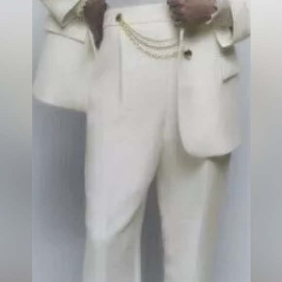 NWT ZARA NEW Ecru Womens Pants with Gold Chain Trousers Sz L - Picture 3 of 13